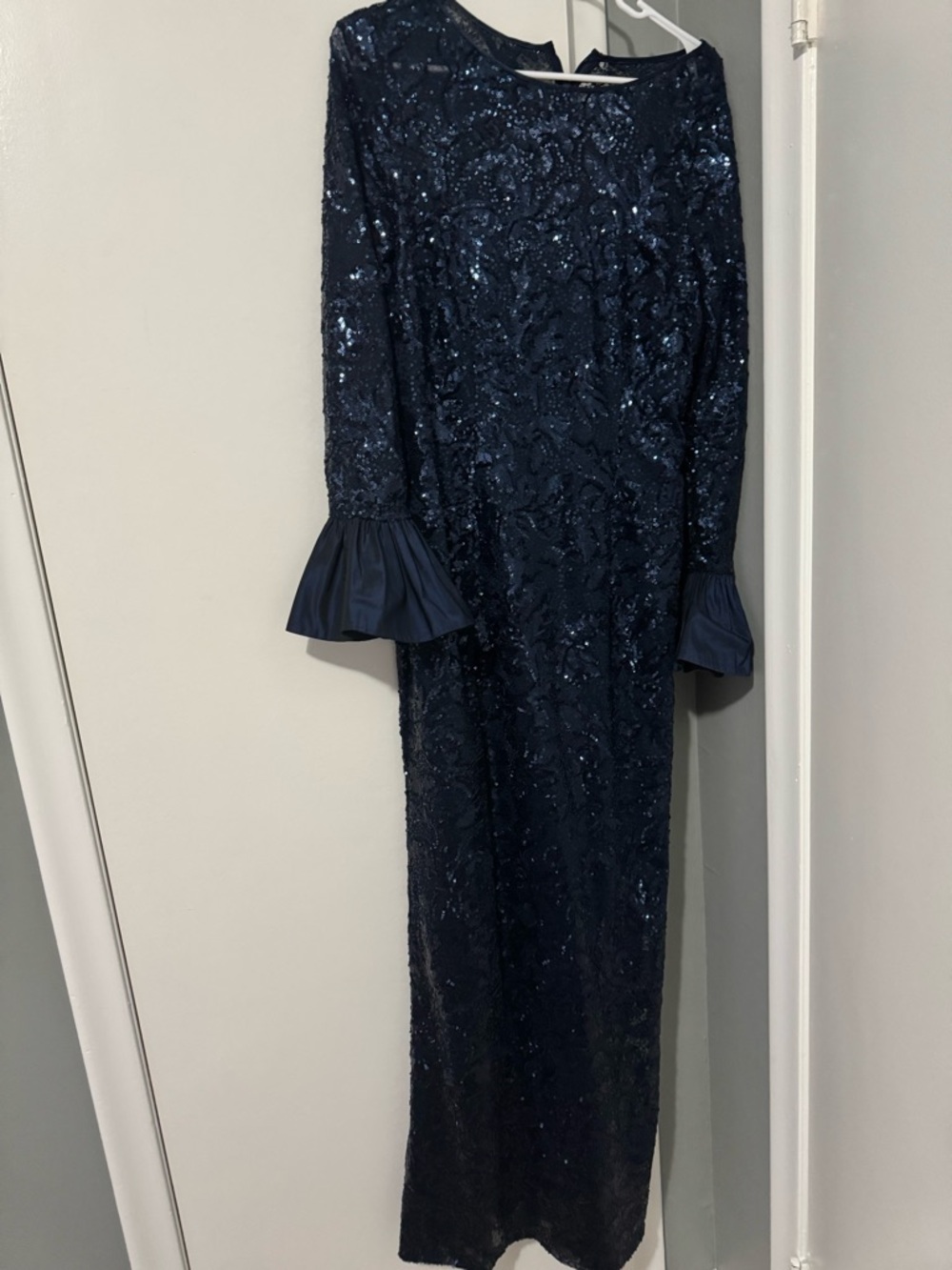 Navy Sequin Long Sleeve Evening Gown with Ruffle Cuffs